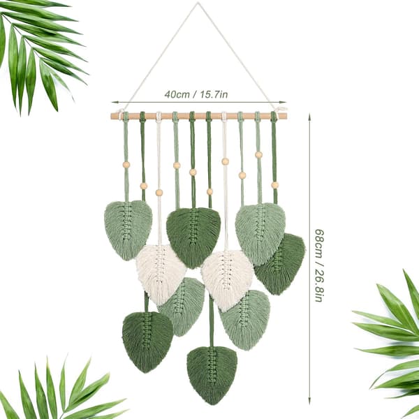 Makrame väggbonad grön blad tofs väv Boho Chic väggdekor handgjord vävd bomullstångsväv estetisk bohemisk väggkonst för sovrum