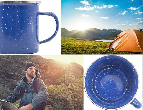 Emajlkopp, utomhusmugg, campingmugg, kaffemugg, metallmugg, klassisk formskön design, blå med vita prickar 300ml