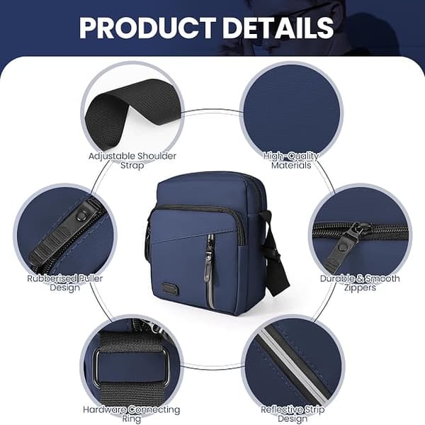 Waterproof Shoulder Bag for Men, Small Side Bag with Adjustable Strap, Oxford and Polyester Navy Blue Navy Blue