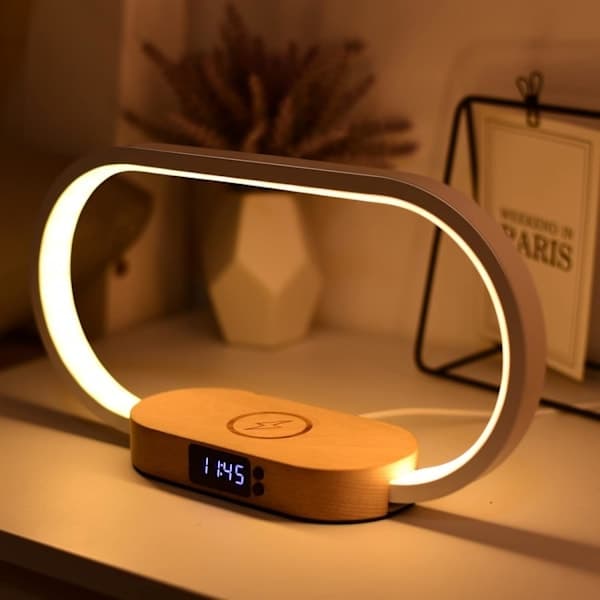 LED sengelampe, 10W trådløs oplader og USB, dæmpbar touch, 3 lysstyrkeniveauer, moderne bordlampe med ur