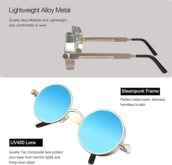 Retro Gotiske Steampunk Solbriller for Kvinner Menn Rund Linse Metallramme