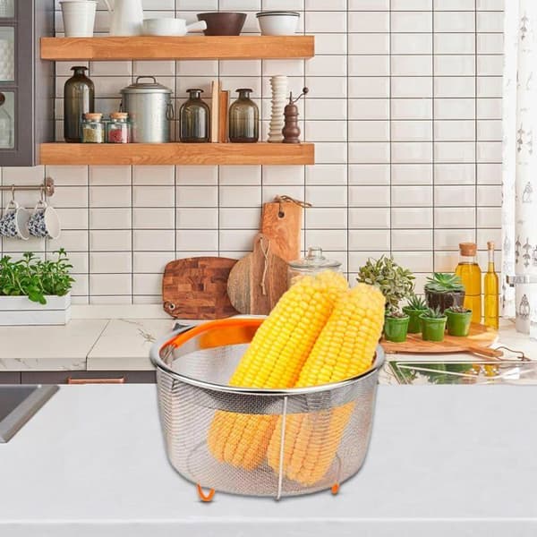 6-quart Stainless Steel Colander, Silicone Handles for Easy Lifting, Egg Steamer Basket, Pasta Strainer (Orange)