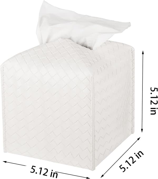 Leather Tissue Box Cover, Square Facial Tissue Storage Box Dispenser for Bathroom, Vanity, Tabletop, Car, White