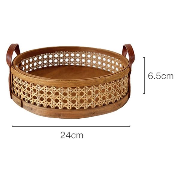 Rattan Woven Storage Basket Living Room Round Fruit Tray Breathable Desktop Organizer-Brown