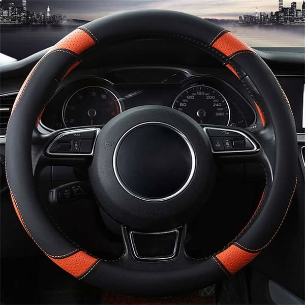 Microfiber Leather Car Steering Wheel Cover, Universal, 37-38 cm / 15\", Non-slip, Breathable, Durable (Orange)