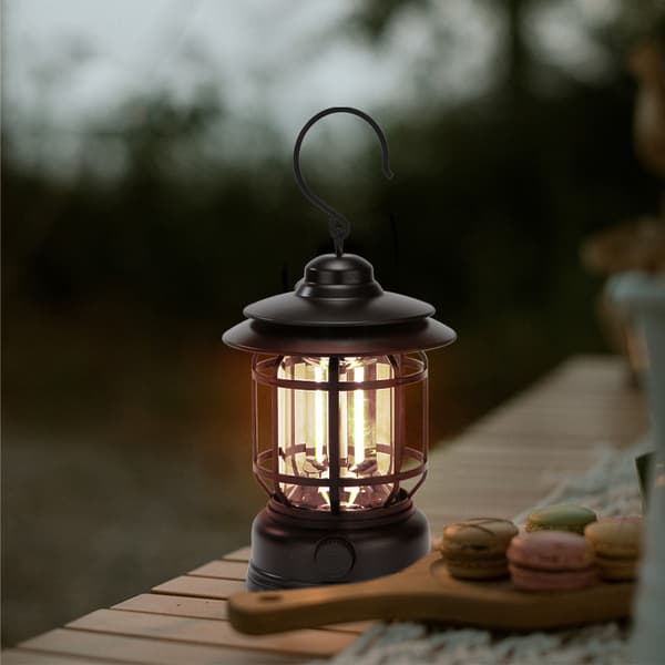 Portable Retro Camping Lantern Battery Powered Campfire with Hook for Hiking, Fishing Black