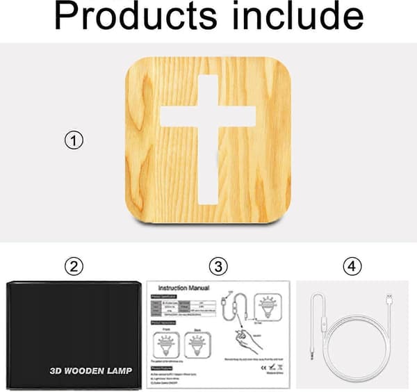Korsformet Sengelampe i Træ, Jesus Kors 3D LED Optisk Natlampe, Gaver til kvindelige venner