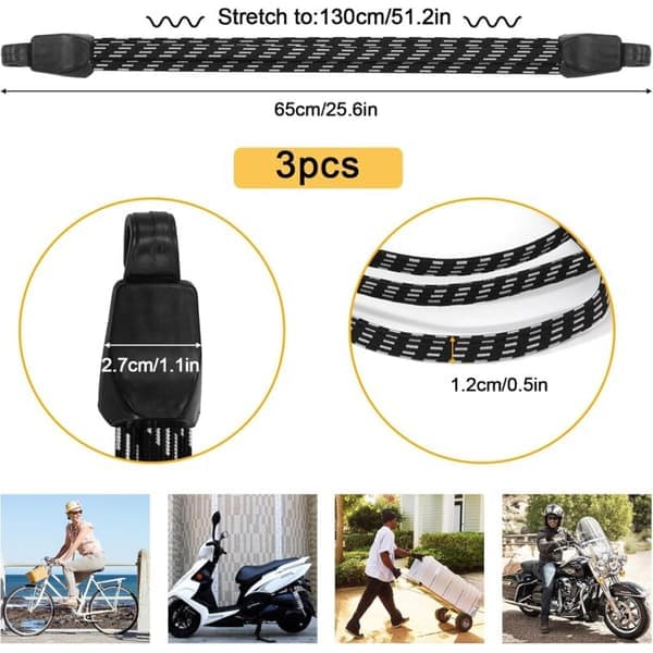 3-pack elastiska bagageremmar med krokar, cykelremmar för att säkra hjälmar och bagage