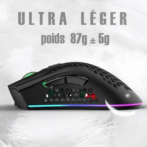 RGB Gaming Mouse Wireless USB Rechargeable 2.4G Nano Adjustable DPI Ultralight Sculpted Design Anti-Sweat - Black