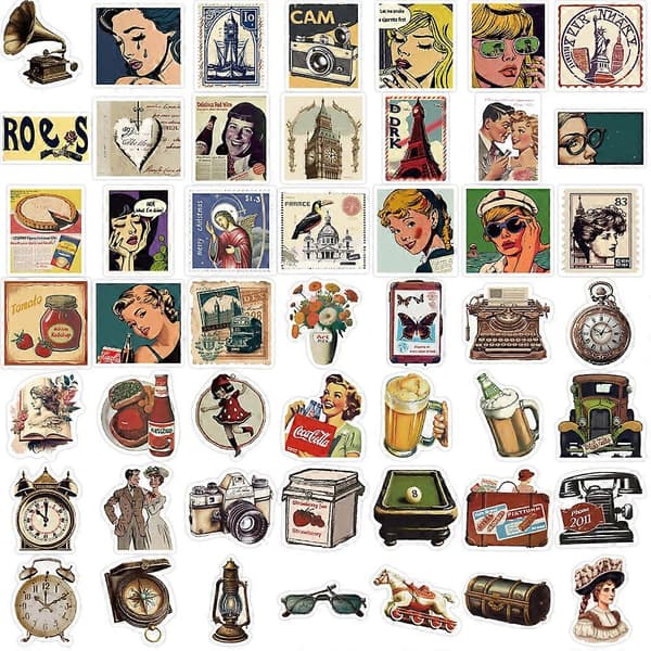 50 stycken retro europeiska och amerikanska datordekaler, klassiska vinylgraffitidekaler för vattenflaskor, dagböcker, resväskor, skateboards, bilar, hjälmar