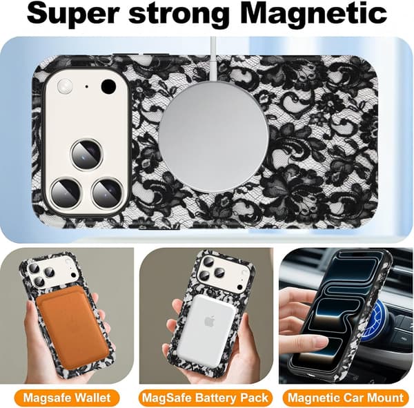 A beautiful black lace pattern case, silicone compatible, suitable for 17 Pro 6.3 inches, shockproof.