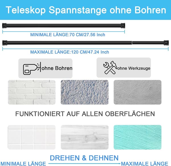 1 x Gardinstang uten boring - Teleskopstang - for bad, loft