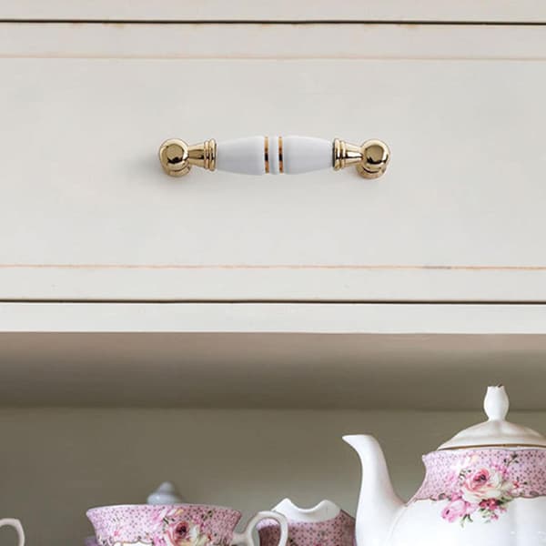6-piece cabinet handle set, white ceramic zinc alloy cabinet handle (hole: 128 mm)