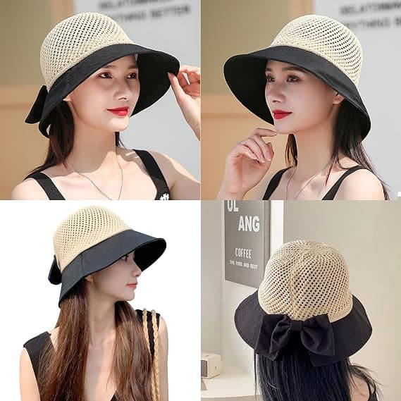 Women's Wide Brim Mesh Foldable Bucket Hat with Detachable Chin Strap Ponytail Bow for Summer Vacation Beach Hiking, Adjustable
