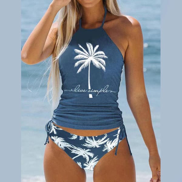Women's Swimsuit, Printed with Side Drawstring, Halterneck, Tankini Set, Backless Bikini Top with Bottom, Green M Green M Green M