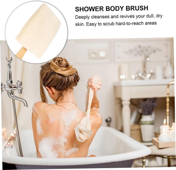 Long Handle Bath Brush for Exfoliation Natural Loofah Bath Tool Ergonomic Design for Back Scrubbing in the Shower