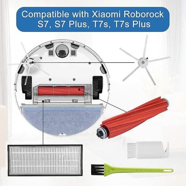 Tilbehør til Roborock S7 Maxv Ultra / S7 Maxv / S7 Plus / S7 Max / S7 Robotstøvsuger Reservedele (2 hovedbørster + 6 filtre + 6 sidebørster)