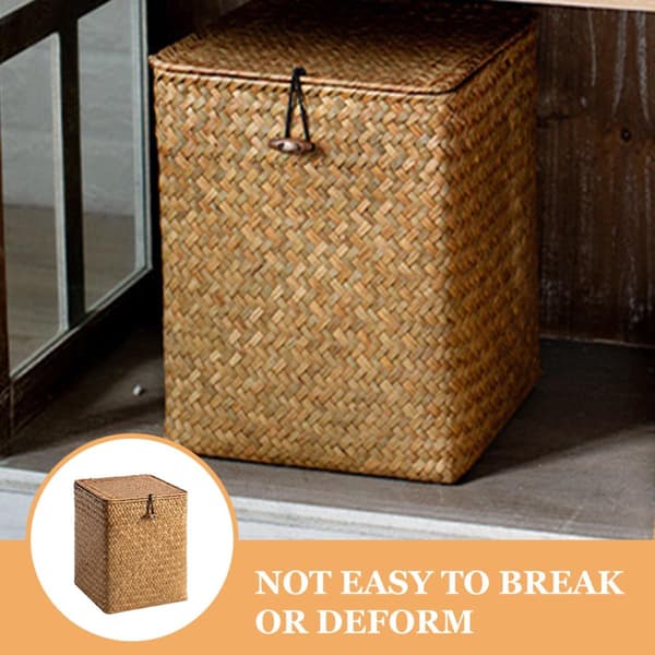 Khaki Straw Woven Storage Box with Lid, Multifunctional Desktop Organization Box for Small Items and Fruit
