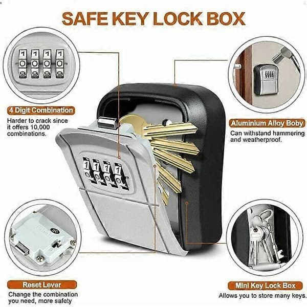 Wall Mounted Secure Key Box (Grey) Mini Outdoor Key Cabinet with Resettable 4-Digit Digital Code