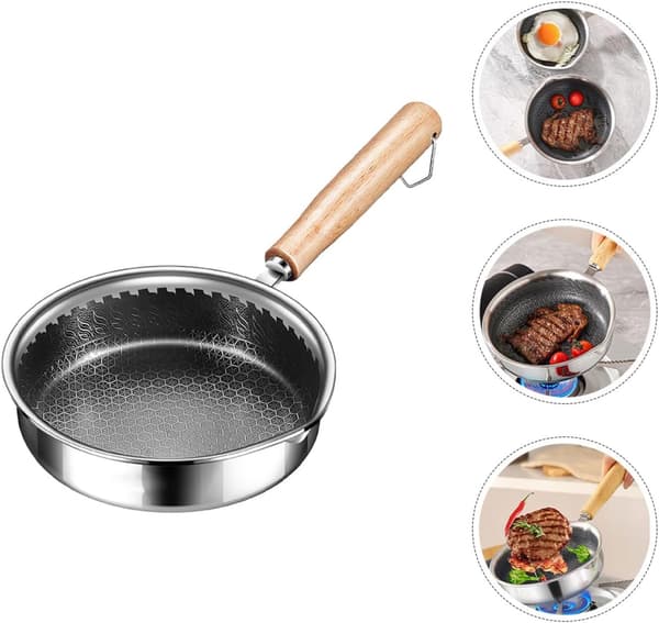 Nonstick stekepanne i rustfritt stål 20 cm Honeycomb-overflate Varmebevarende trehåndtak