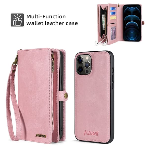 Wallet Case for iPhone 13 Pro, Durable PU Leather Lanyard Wrist Strap Zipper Card Holder Cell Phone Case
