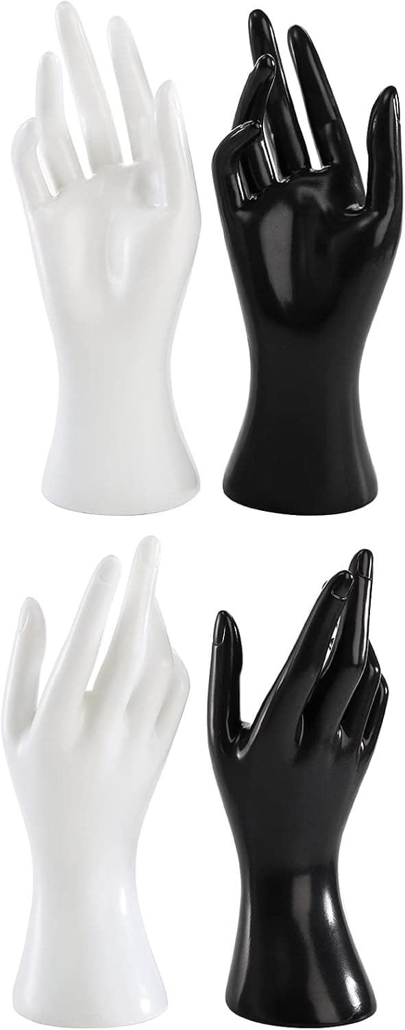 Sæt med 4 Mannequin Display Stativ, til Smykker, Armbånd, Halskæde til Kæde, Ring, Handske, Hvid og Sort, Højre Hånd