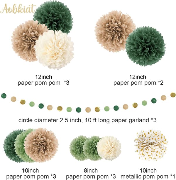 Wedding Party Decorations Set, 15 Pieces Green Tissue Paper Pompoms, Polka Dot Paper Garland String Hanging Decorations for Engagement, Rustic Wedding