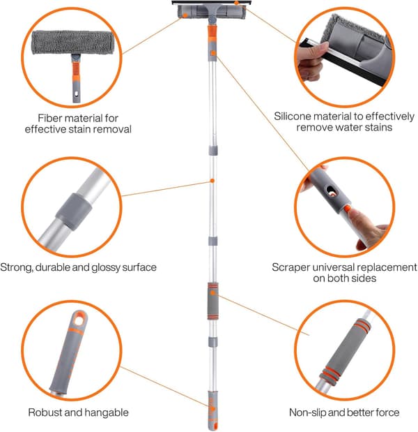5-in-1 Professional Window Cleaning Kit, 162 cm Telescopic Handle, 2 Microfiber Cloths, Flexible Head