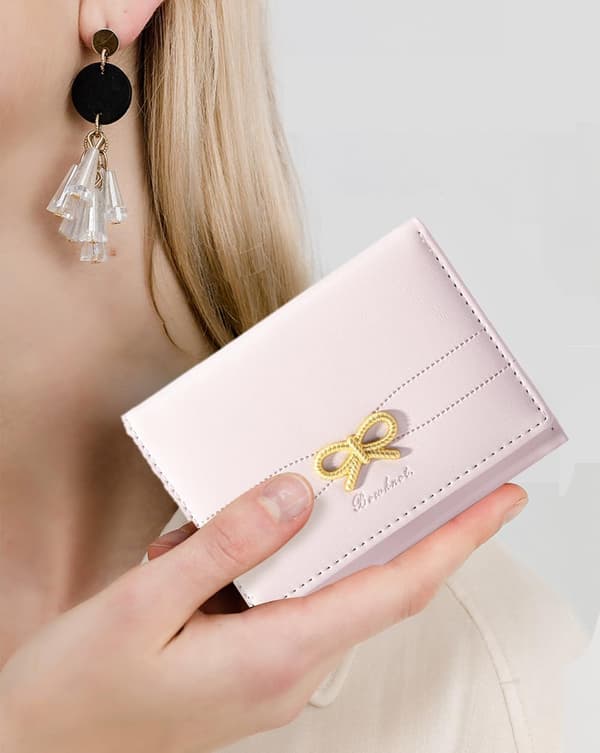 Cute Planner Bow Small Planner Trifold Aesthetic Bifold RFID Blocking Card Holder Leather Mini Card Coin Purse with I