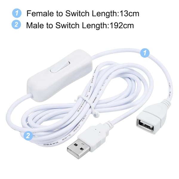 USB-forlengelseskabel med av/på-bryter 2M hann til hunn hvit Pink 30 Mil