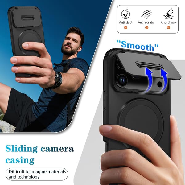 Compatible with iPhone 17, Built-in Phone Stand, Sliding Camera Cover, Magnetic Drop-Proof Phone Case, Black
