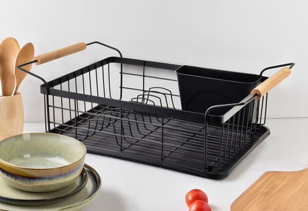 BASIC KITCHEN Oppvaskstativ med trehåndtak – svart metall 50,5x29,8x16,5 cm