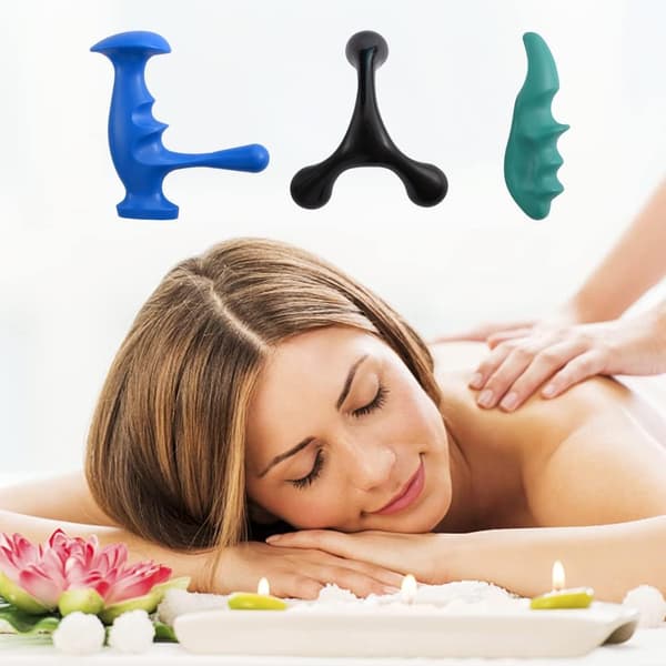 3 stk. manuelle triggerpunktmassageværktøjer og tommelfingerbeskyttere til dybdevævsmassage til hele kroppen, med 3-benet massageknop