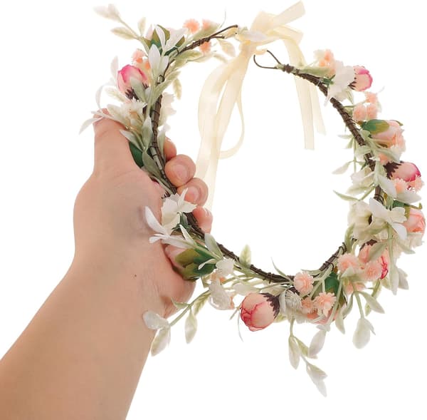 Bryllupsblomsterkrone pannebånd med rosa bånd – Brudeblomsterkrans hodeplagg