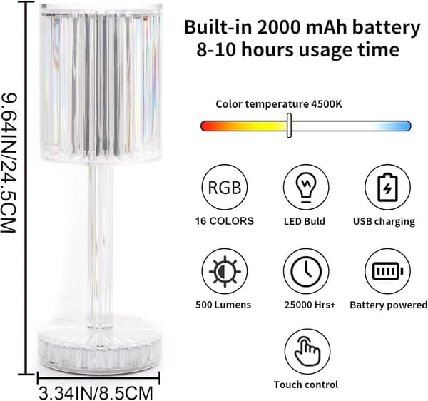 Krystallampe, 16 farver RGB touch-lampe, genopladelig diamant