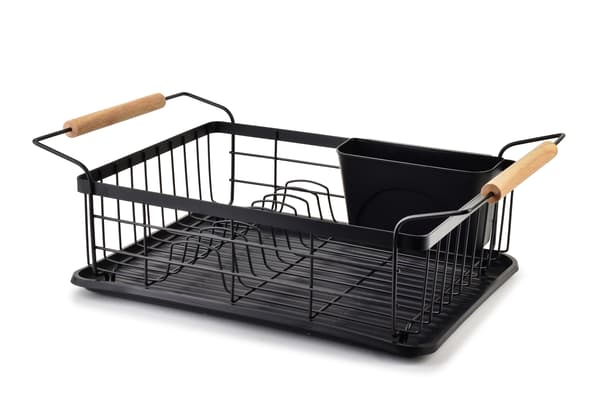 BASIC KITCHEN Oppvaskstativ med trehåndtak – svart metall 50,5x29,8x16,5 cm