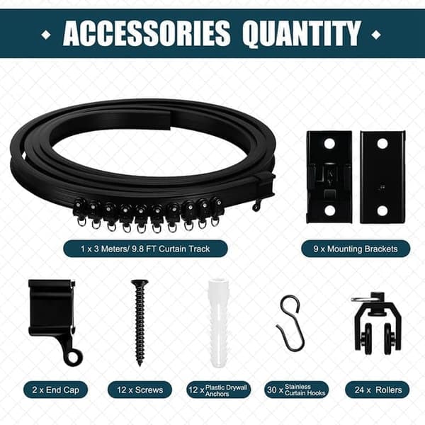 3m Flexible Ceiling Curtain Track in PVC - Flexible Ceiling System for Shower & Room Divider - incl. Gliding Hooks