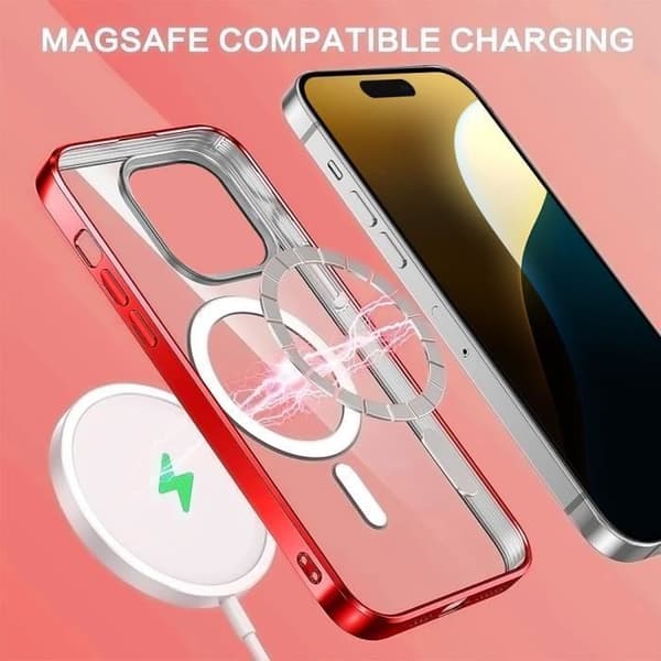 Etui til iPhone 16 Pro Max - Gennemsigtig beskyttelse Rød kromkant med magnetisk ring