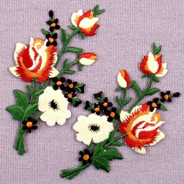 Boho Patch Broderad Blomsterapplikation Stryk På Sy På Rosemblem, Röd & Vit, 2-pack