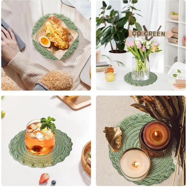 Set med 6 vävda underlägg, runda flätade underlägg för bröllop, middagar, restauranger, hotell, 18 cm - Grön