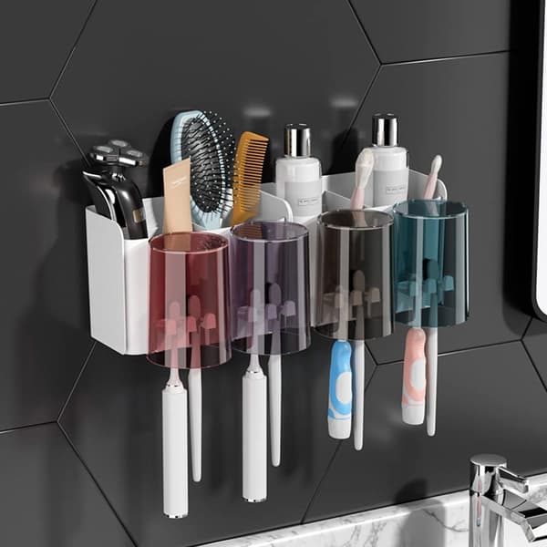 Toothbrush Holder, Toothpaste Holder with 4 Cups + 8 Storage Slots for Toothbrush Heads