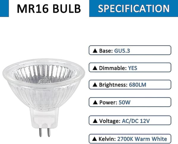 Halogenlampe Gu5.3 50w 12v, 800lm Varmhvit 2700k Dimbar, Halogen Spotlightlampe Mr16, 6-pakning Db