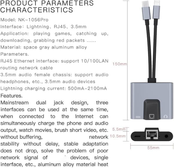 2-i-1 Lightning/Type-C til Ethernet-adapter til -telefon/-pad 100 Gigabit Ethernet LAN-netværksadapter, (til IS 12.0 højere)