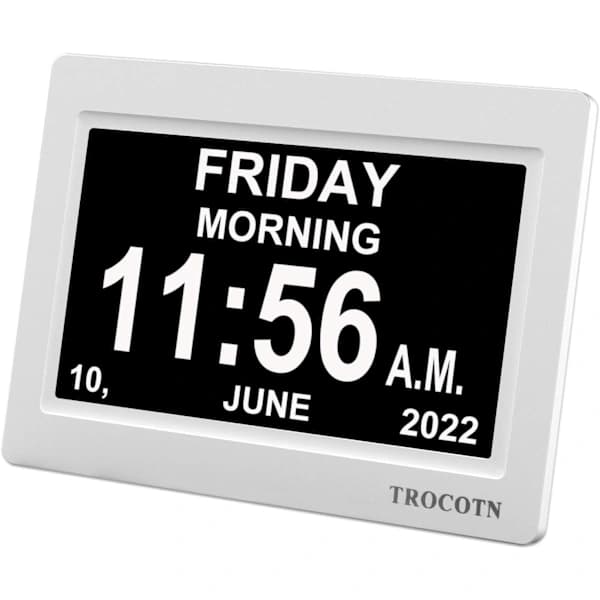 Digital klocka med datum och vecka, kalender med veckodagsvisning (7 tum vit) Vit White White