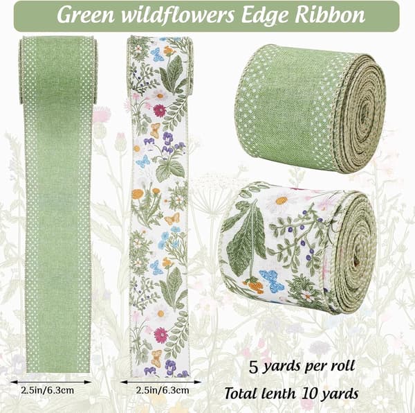Grønne vilde blomsterbånd med trådkant - Retro forårsblomstret stofbånd til DIY-håndværk