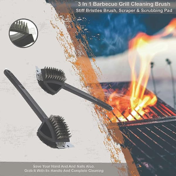 3-in-1 Grill Cleaning Brush | Brush with Stiff Bristles, Scraper, and Scrubber Pad