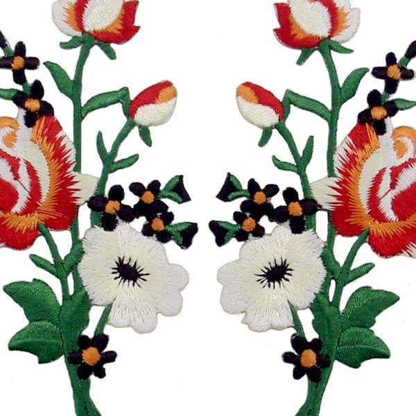 Boho Patch Broderad Blomsterapplikation Stryk På Sy På Rosemblem, Röd & Vit, 2-pack