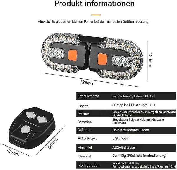 Bike Turn Signals with Wireless Remote Control, Two Lights Split Taillight with Indicator, USB Rechargeable