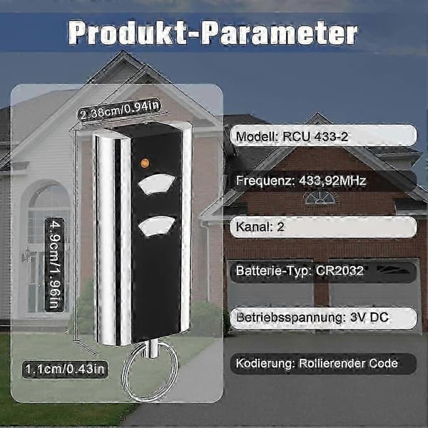 Set of 2 Garage Door Replacement Remote Controls for RCU 433-2K, 433.92 MHz Handheld Transmitter for Garage Door Opener