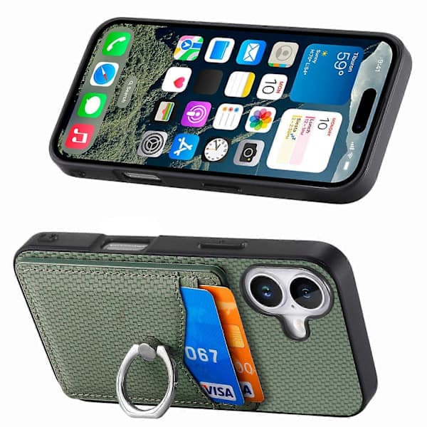 Cover til iPhone 16 med kortlomme, ringholder og stativ, telefonbeskyttelse